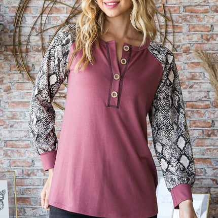 Heimish Full Size Snakeskin Print Raglan Sleeve Half Button Top