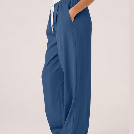 Contrast Waistband Drawstring Wide Leg Pants