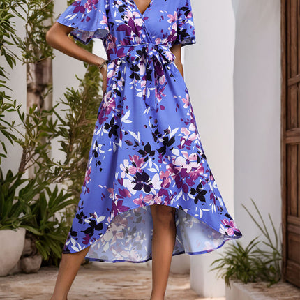 High-Low Printed Surplice Short Sleeve Midi Dress