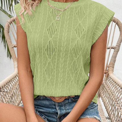 Openwork Round Neck Cap Sleeve Top