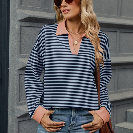 Striped Johnny Collar Long Sleeve Sweatshirt