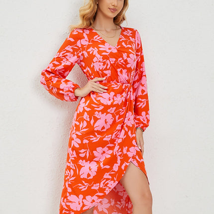 Printed Surplice Long Sleeve Midi Dress