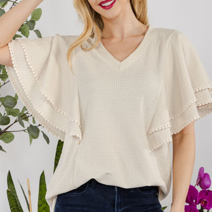 Celeste Full Size V-Neck Lace Trim Flutter Sleeve Top