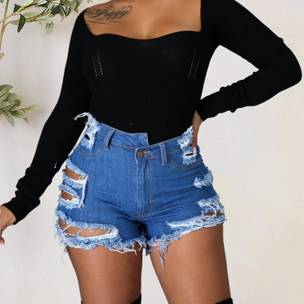 Distressed Raw Hem Denim Shorts with Pockets