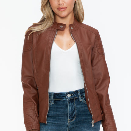 Snobbish Faux Leather Biker Jacket with Side Zip Pockets