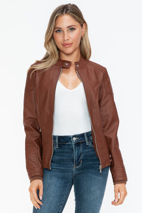 Snobbish Faux Leather Biker Jacket with Side Zip Pockets