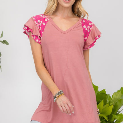 Celeste Full Size Floral Contrast Short Sleeve Top