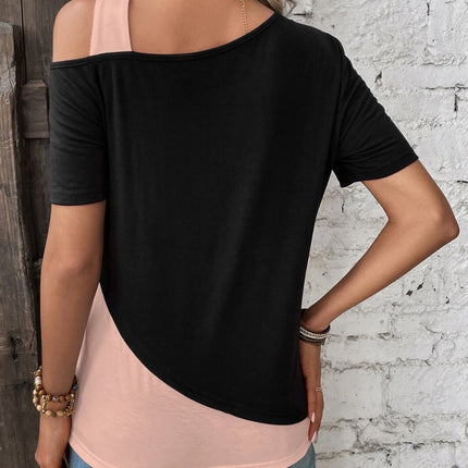 Contrast Asymmetrical Neck Short Sleeve T-Shirt