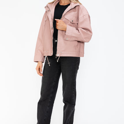 How Dare U Drawstring Hem PU Leather Zip Up Jacket