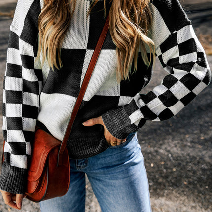 Checkered Round Neck Drop Shoulder Sweater