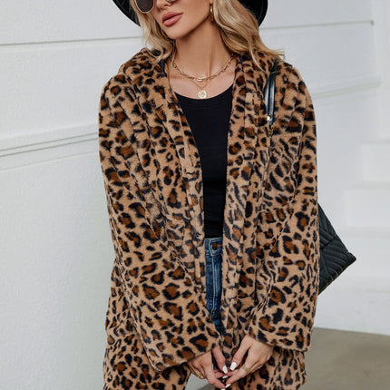 Fuzzy Leopard Hooded Long Sleeve Jacket