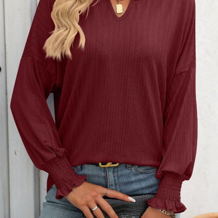 Textured Notched Lantern Sleeve T-Shirt