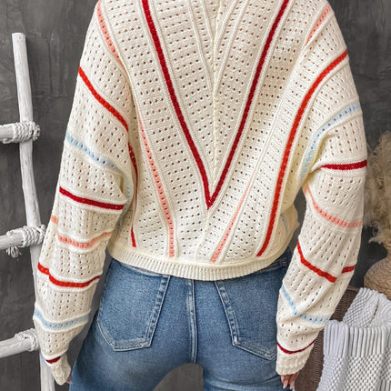 Eyelet Round Neck Long Sleeve Sweater