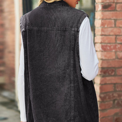 Collared Neck Sleeveless Denim Top with Pockets