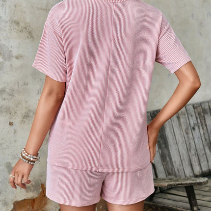 Textured Round Neck Short Sleeve Top and Shorts Set