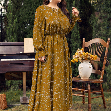 Plus Size Ruffled Polka Dot Long Sleeve Midi Dress