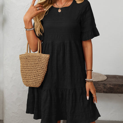 Mandy Ruffled Ruched Round Neck Half Sleeve Dress