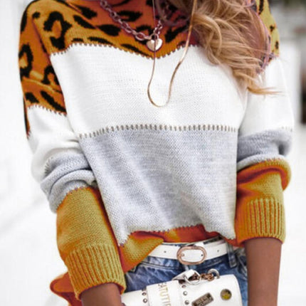 Leopard Color Block Round Neck Long Sleeve Sweater