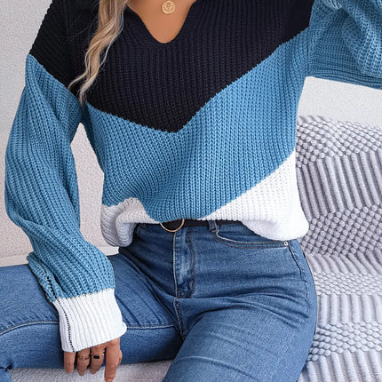 Autumn Winter Color Contrast Women's Sweater Casual Knitted Long Sleeve Top Fashion V-neck Pullovers Loose New In Knitwears 2023
