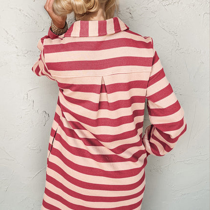 Double Take Full Size Striped Contrast Collared Neck Long Sleeve Dress