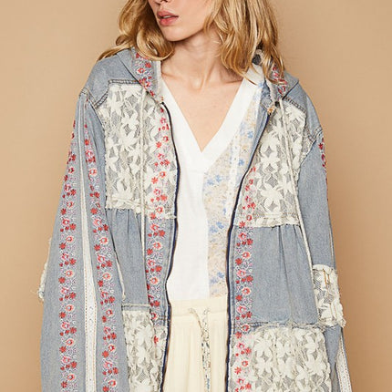 POL Embroidered Lace Patch Zip Up Hooded Jacket