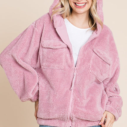 Culture Code Faux Fur Zip Up Hooded Jacket with Side Pockets