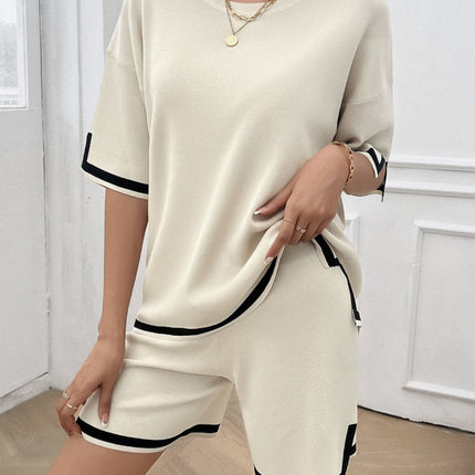 Contrast Trim Round Neck Top and Shorts Set