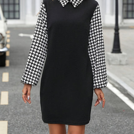 Houndstooth Collared Neck Long Sleeve Mini Dress