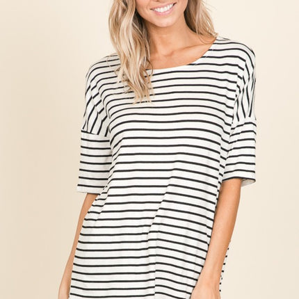 BOMBOM Striped Round Neck T-Shirt