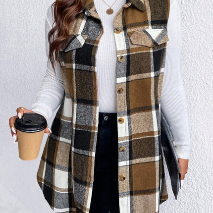 Honey Plus Size Pocketed Plaid Button Up Vest Coat - Vickie Lynn's