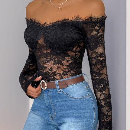 Perfee Lace Off-Shoulder Long Sleeve Bodysuit