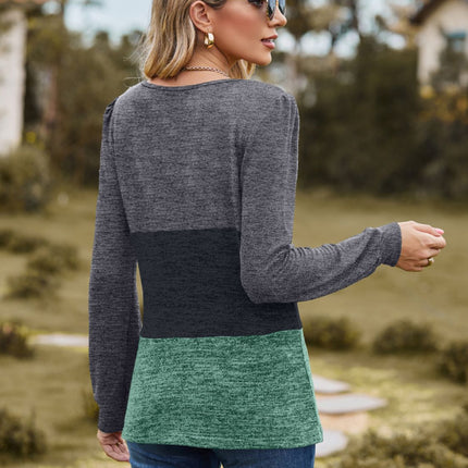 Color Block Square Neck Long Sleeve T-Shirt