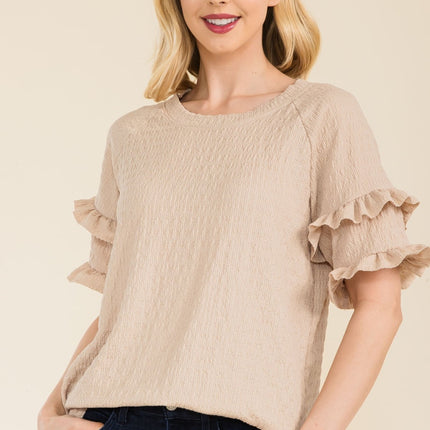 Celeste Full Size Ruffle Short Sleeve Texture Top