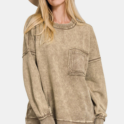 Zenana Exposed Seam Round Neck Dropped Shoulder Sweatshirt