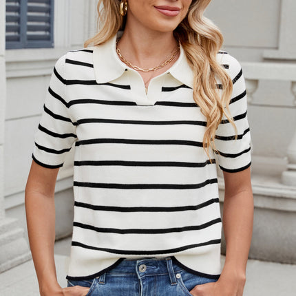 Striped Johnny Collar Short Sleeve Sweater