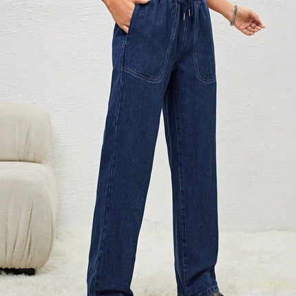 Drawstring Elastic Waist Jeans with Pockets