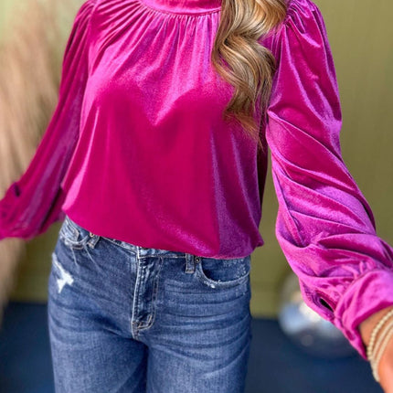 Ruched Round Neck Long Sleeve Blouse