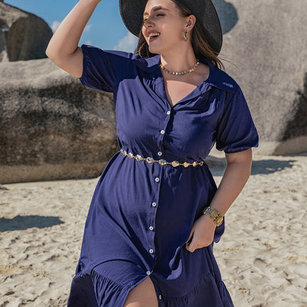 Plus Size Collared Neck Short Sleeve Midi Dress