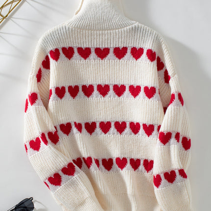 Heart Turtleneck Dropped Shoulder Sweater