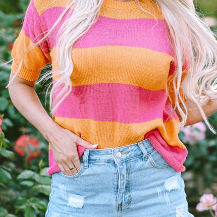 Color Block Round Neck Short Sleeve Knit Top