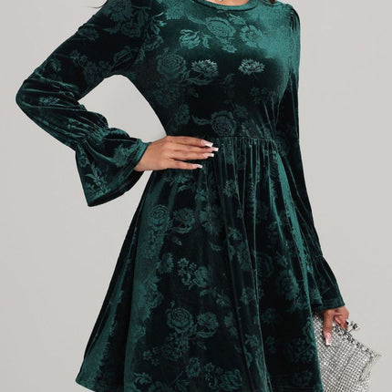 Tied Flower Print Round Neck Flounce Sleeve Dress