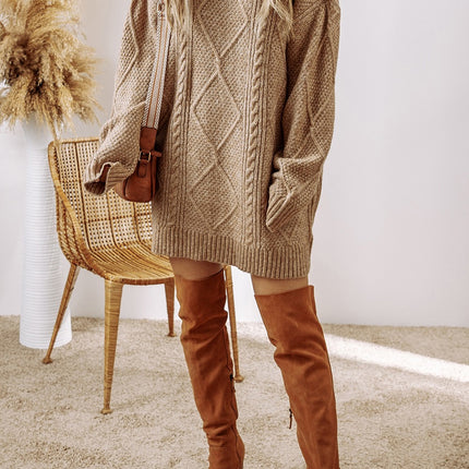 Cable-Knit Round Neck Sweater Dress