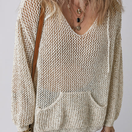 Openwork Dropped Shoulder Hooded Knit Top - Vickie Lynn's