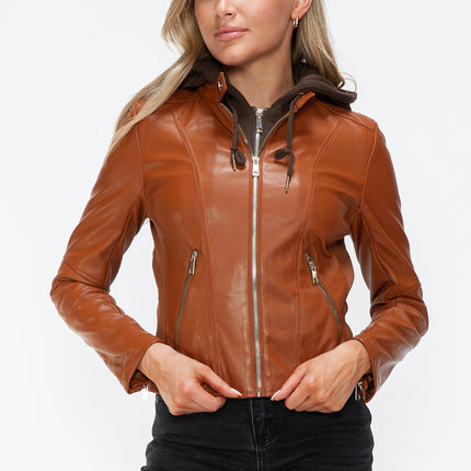 Snobbish Faux Leather Zip Up Drawstring Hooded Jacket