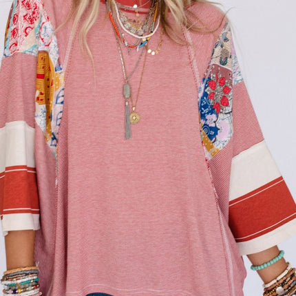 Striped Floral Patchwork Round Neck Top