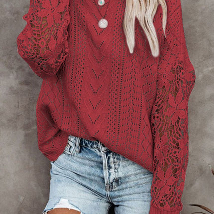 Openwork Round Neck Long Sleeve Sweater