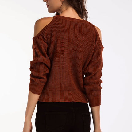 Double Take Round Neck Cold-Shoulder Ribbed Sweater