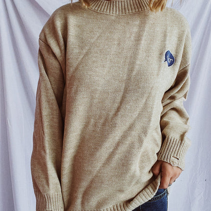 Embroidered Round Neck Dropped Shoulder Sweater