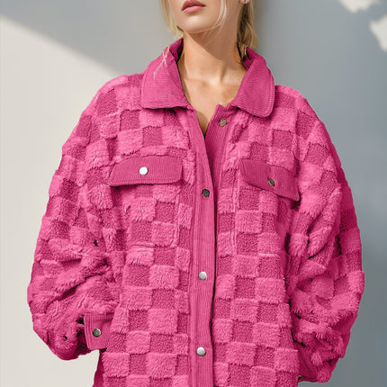 Double Take Button Up Fuzzy Checkered Shacket - Vickie Lynn's