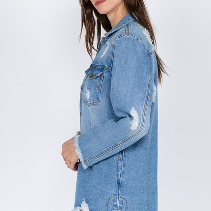 American Bazi Distressed Frayed Hem Denim Jacket